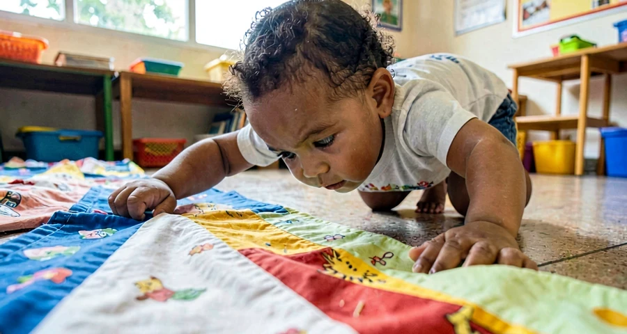 criança engatinhando sob tecido em percurso: close-up mostrando exploração de movimento em atividade motora para educação infantil