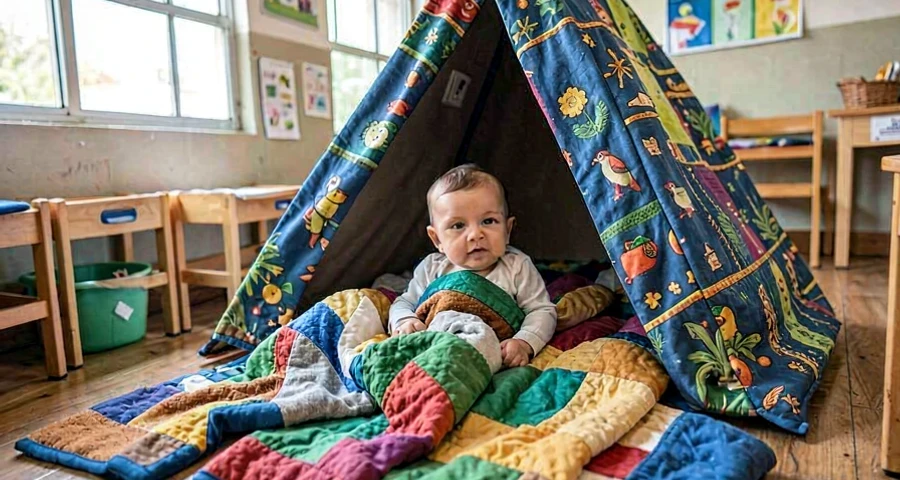 bebê espiando de dentro de cabana de cobertores na creche