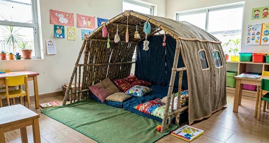 cabana de cobertores e almofadas montada em atividade sensorial na creche