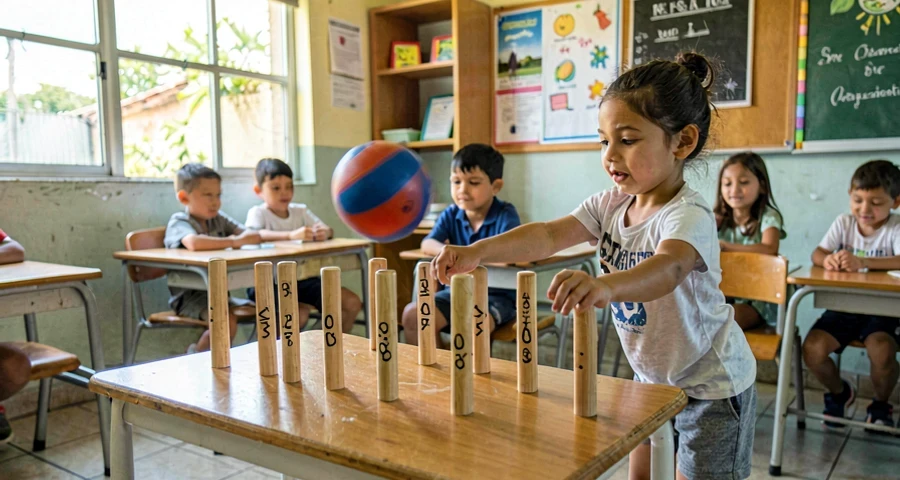 contagem no boliche: criança arremessando bola em direção aos pinos durante brincadeira matemática