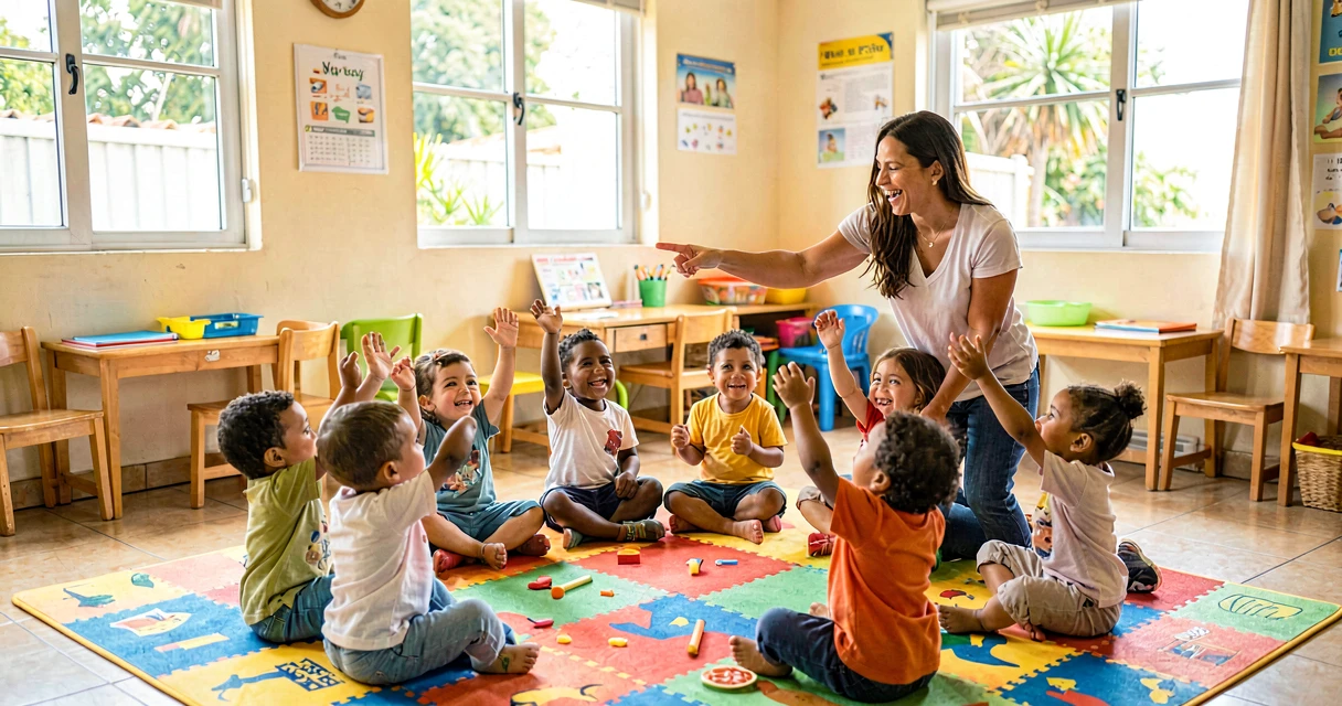 aula de contagem na creche: crianças bem pequenas em roda levantando as mãos enquanto professora aponta para elas