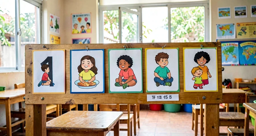 cartaz de números de 1 a 5 com ilustrações: recurso visual para ensinar contagem na educação infantil
