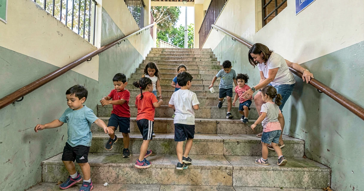 plano de aula contando degraus: crianças da pré-escola contando degraus ao subir escada