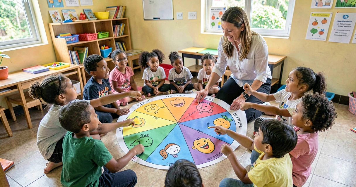 plano de aula roda de emoções: crianças da pré-escola identificando sentimentos em roda ilustrada