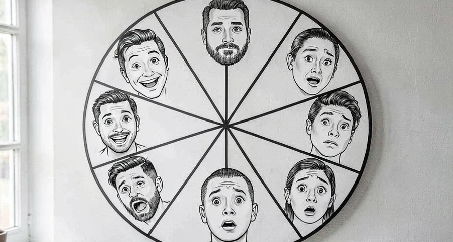 roda de emoções ilustrada com expressões faciais usada em atividade de autoconhecimento