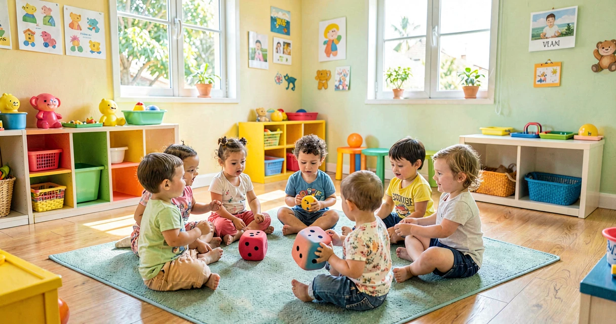 plano de aula jogo de dados: crianças da creche contando pontos em dado grande