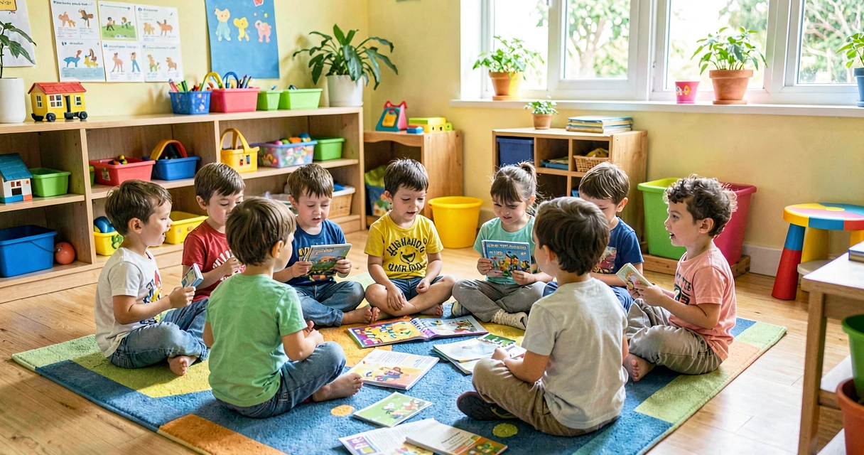 plano de aula brincadeiras de casa: crianças da creche compartilhando jogos conhecidos em roda