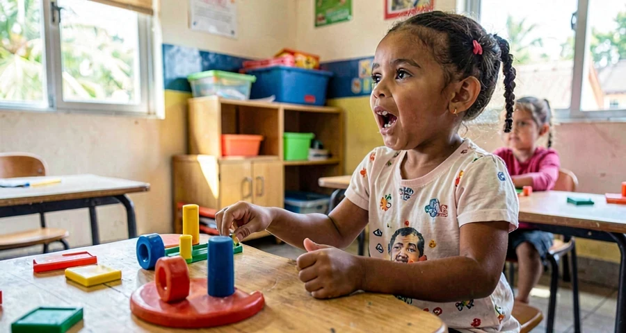 criança da creche comentando sobre brincadeira conhecida durante atividade