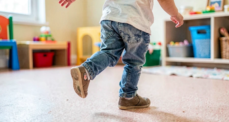 criança da creche caminhando durante atividade de contagem de passos