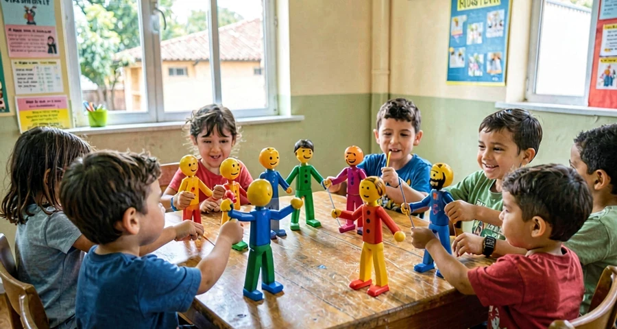 Fantoches de mão coloridos em teatro improvisado: crianças bem pequenas brincando e tocando os personagens