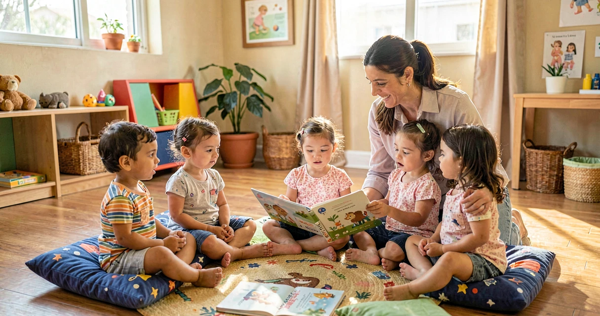 plano de aula roda de história: crianças da creche ouvindo história em grupo