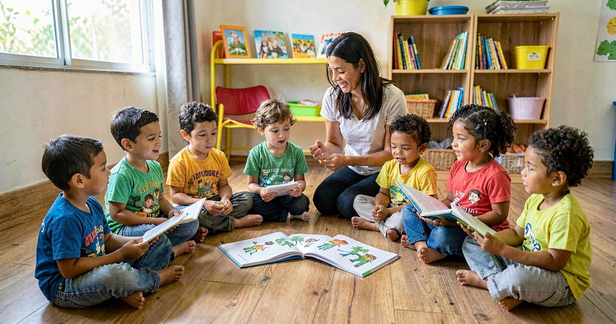 plano de aula livro sem palavras: crianças da pré-escola observando livro de imagens em roda