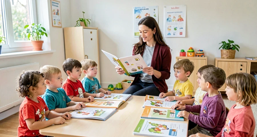 educadora mostrando páginas de livro sem palavras para crianças da pré-escola