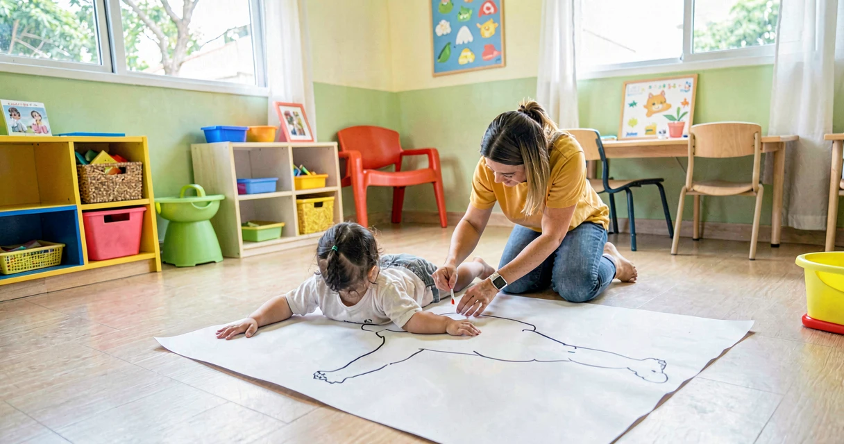 plano de aula contorno do corpo: criança da creche deitada em papel para contorno corporal