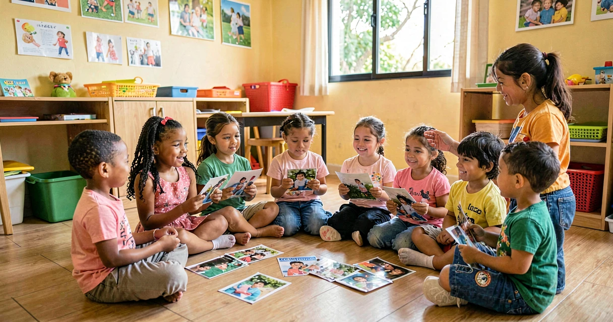 plano de aula história da família: crianças da pré-escola compartilhando fotos de família em roda