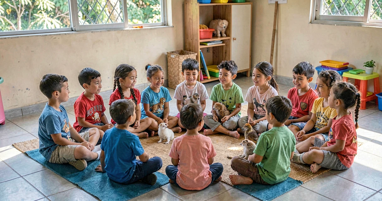 plano de aula animal favorito: crianças da pré-escola compartilhando animais favoritos em roda