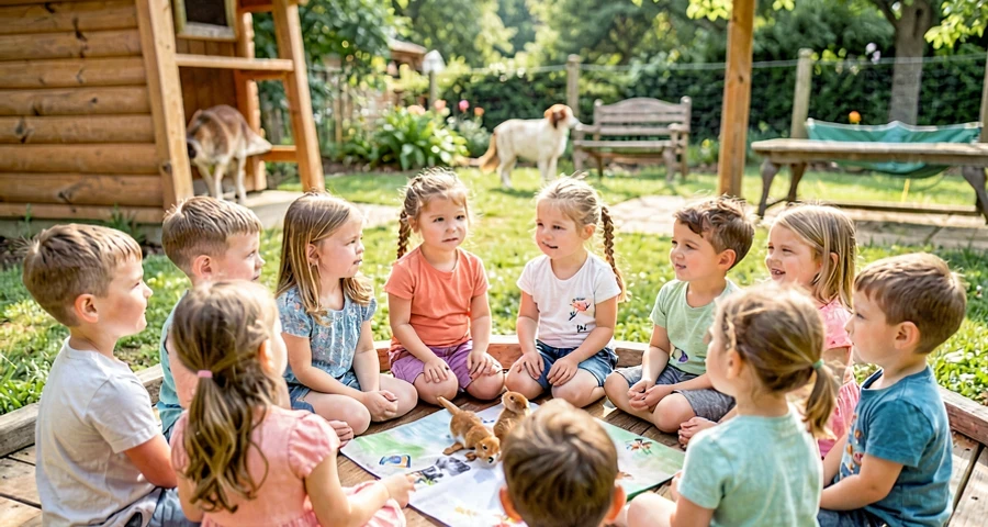 crianças da pré-escola ouvindo atentamente sobre animais favoritos dos colegas