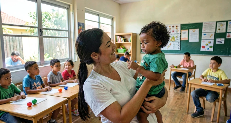 familiar segurando bebê durante momento musical compartilhado na creche