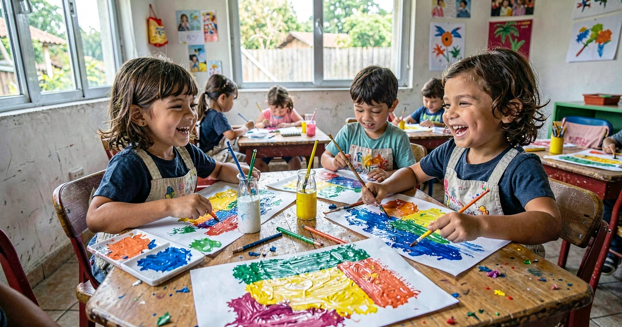 Aula de arte pré-escola: crianças pintando com cores primárias em pintura livre