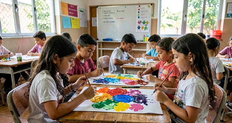 Mistura de cores primárias em papel: pintura livre com transformação de cores