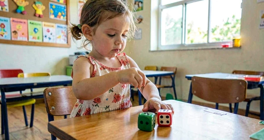 criança da creche jogando dado colorido durante atividade motora