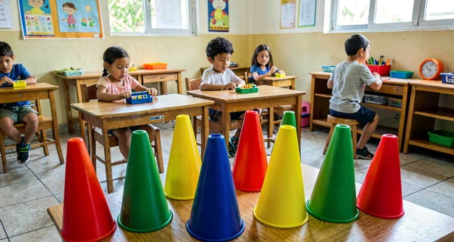 cones coloridos organizados para atividade motora com dado na creche
