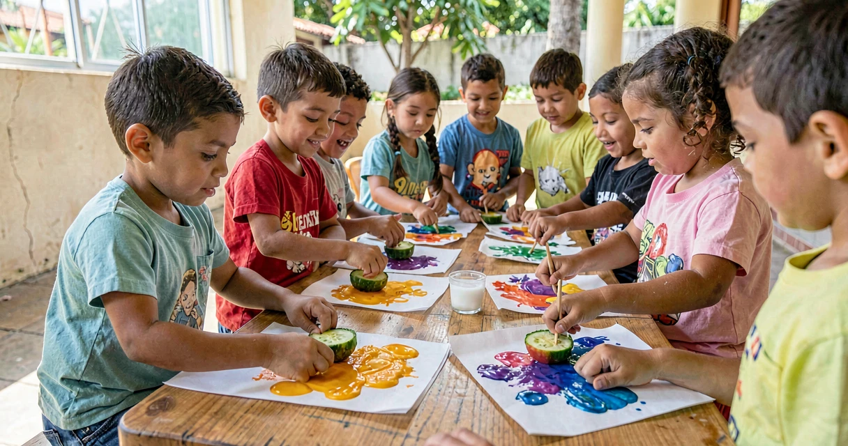 plano de aula carimbo com legumes: crianças da pré-escola carimbando com legumes cortados