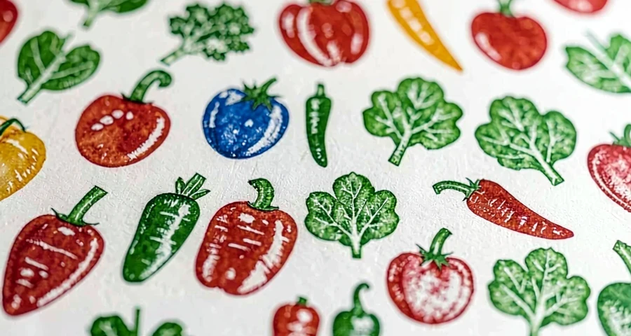 composição colorida com carimbos de legumes em papel na atividade artística