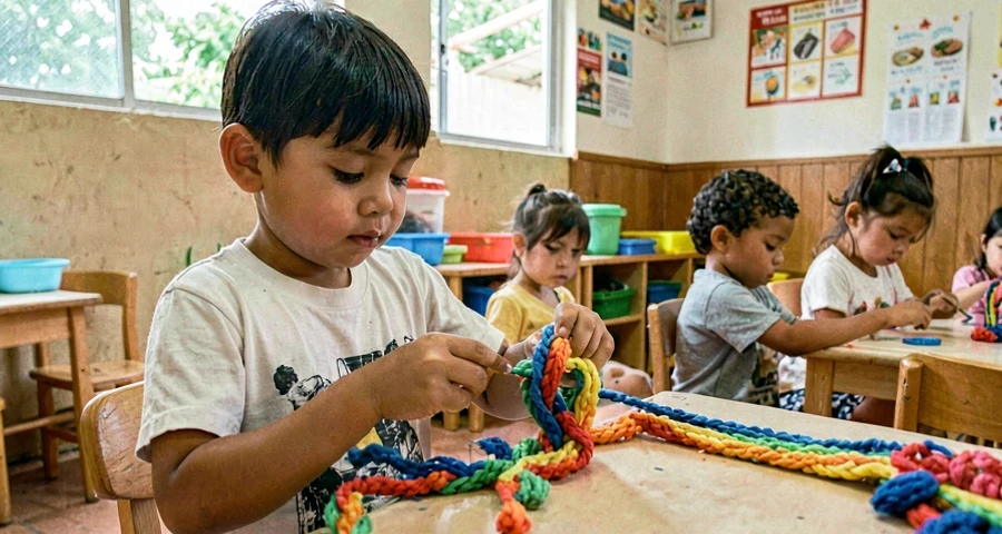 mãos de criança criando escultura de tecido colorido em atividade na creche