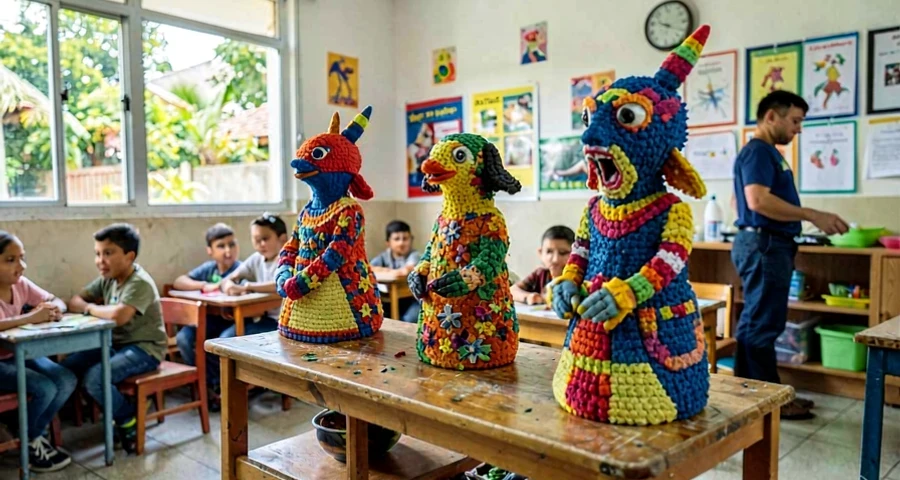 esculturas de tecido coloridas expostas após atividade artística na creche