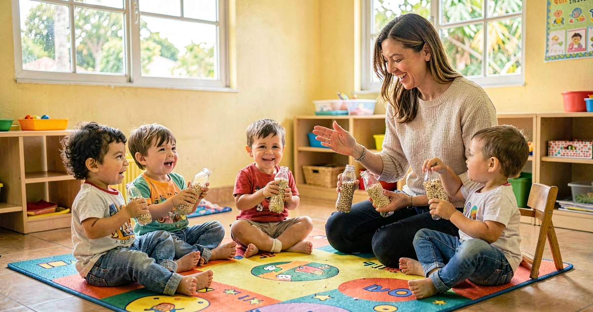 Instrumentos sonoros: crianças bem pequenas em roda na creche com chocalhos feitos de garrafas plásticas