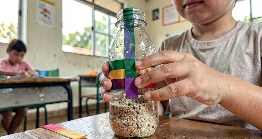 Detalhes de instrumento sonoro caseiro: garrafa plástica com grãos e fita colorida nas mãos de criança pequena