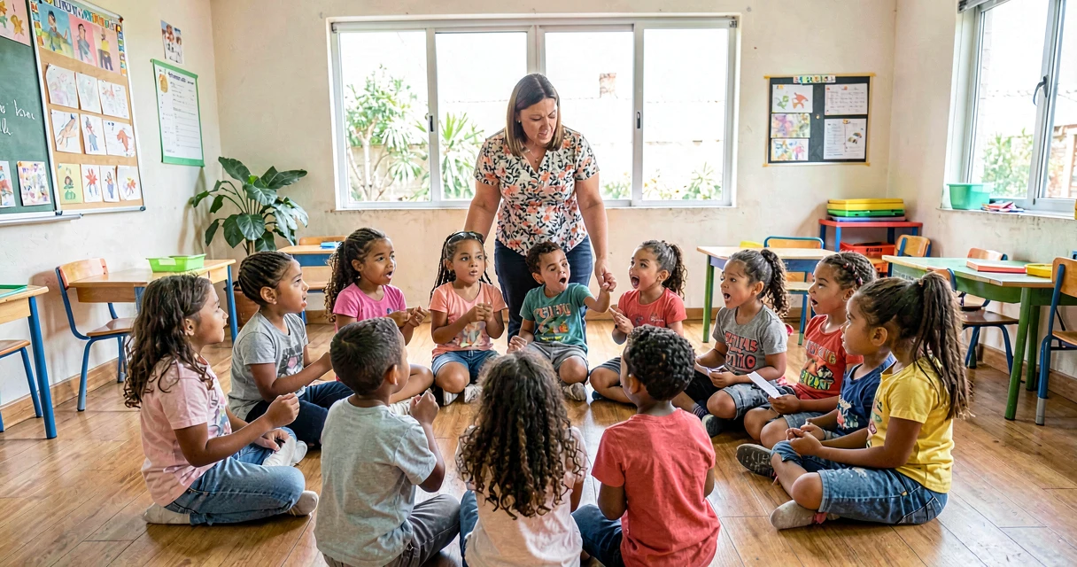 plano de aula parlendas e rimas: crianças da pré-escola recitando parlenda tradicional em roda