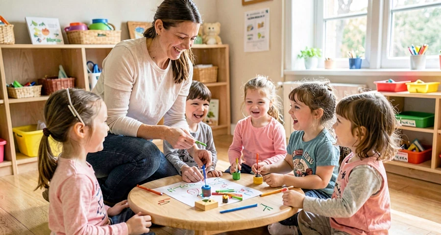 educadora e crianças criando nova versão de parlenda com rimas em sala de aula