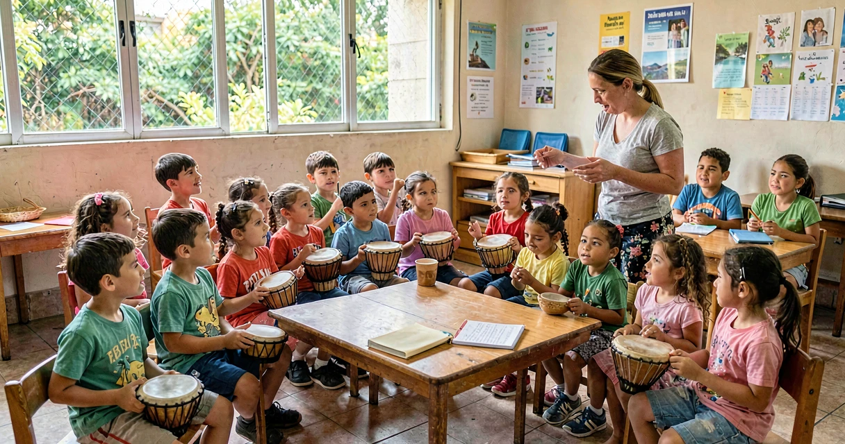 plano de aula sonorização de conto: crianças da pré-escola com instrumentos ouvindo história indígena