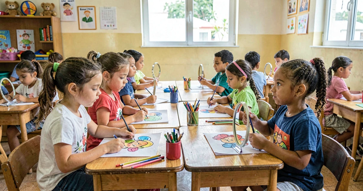 plano de aula autorretrato: crianças da pré-escola desenhando autorretrato com espelho