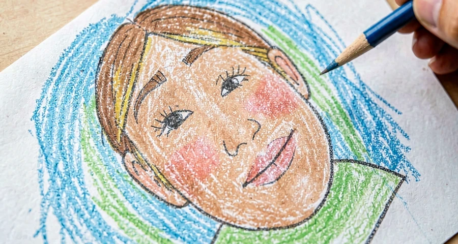 autorretrato colorido desenhado por criança com lápis de tons de pele diversos