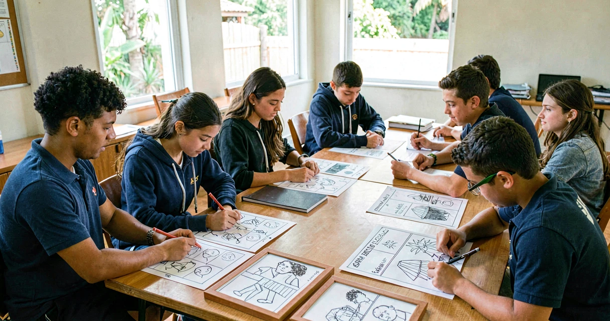 plano de aula storyboard: alunos do 9º ano desenhando sequência de quadros de storyboard