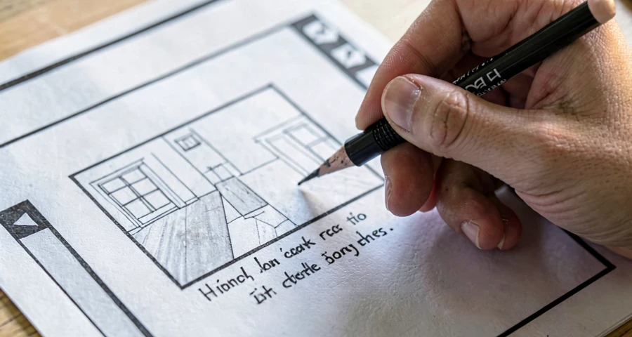 mão desenhando quadro de storyboard com esboço de cena e descrição