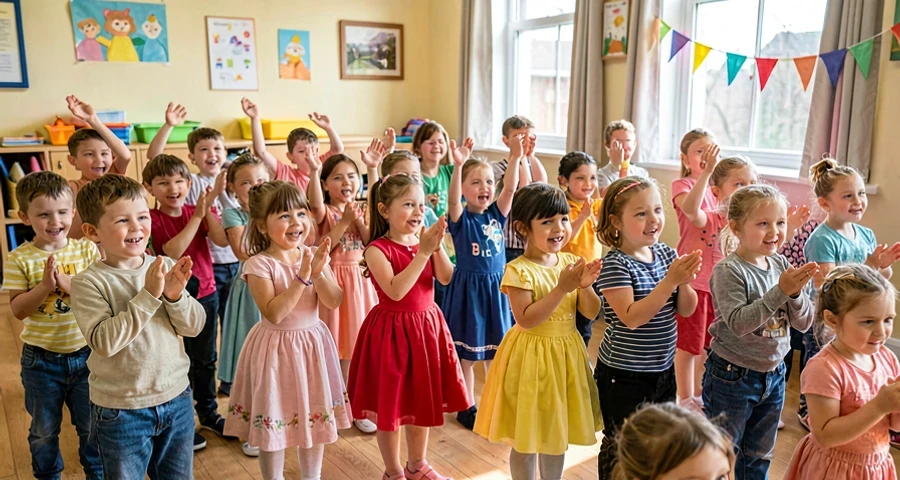 crianças da pré-escola aplaudindo durante desfile de fantasias em sala