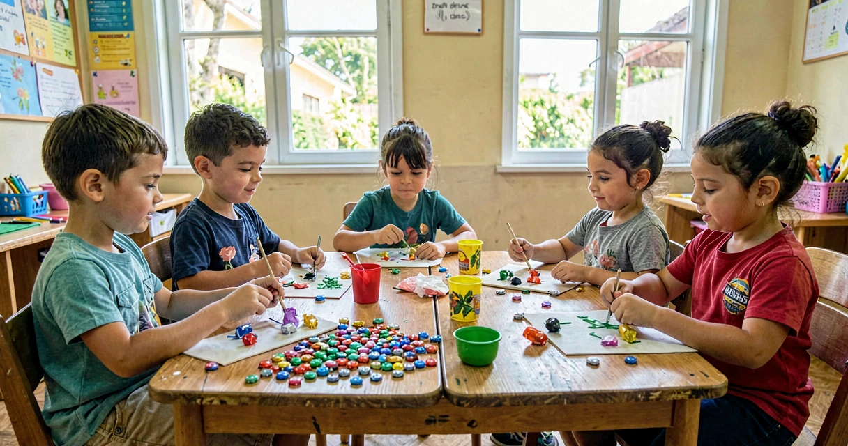 plano de aula móbile reciclável: crianças da pré-escola decorando materiais para móbile