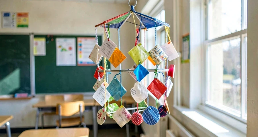 móbile colorido finalizado com materiais recicláveis pendurado na sala de aula