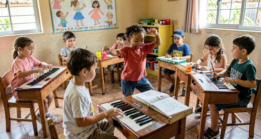 fita colorida em movimento durante atividade musical de bebês na creche
