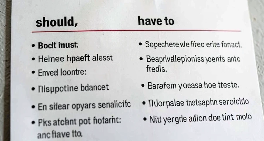 cartaz comparando o uso de should must e have to em inglês com frases de exemplo