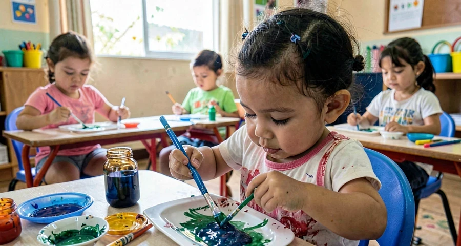 marca de mãozinha com tinta feita por bebê em atividade artística na creche