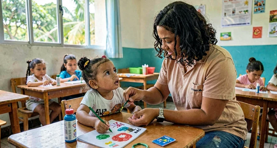 educadora auxiliando bebê a criar marca pessoal com tinta na creche
