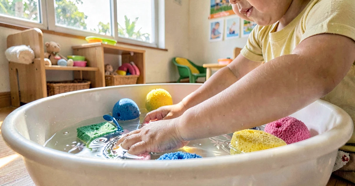 Exploração sensorial de água: bebê tocando água morna em bacia segura em sala de creche brasileira