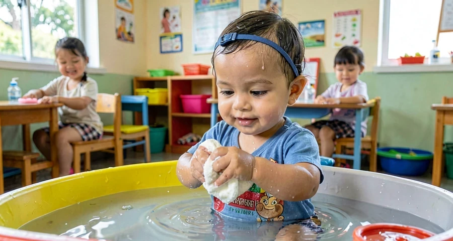 Desenvolvimento motor com água: bebê apertando esponja molhada durante atividade sensorial em creche