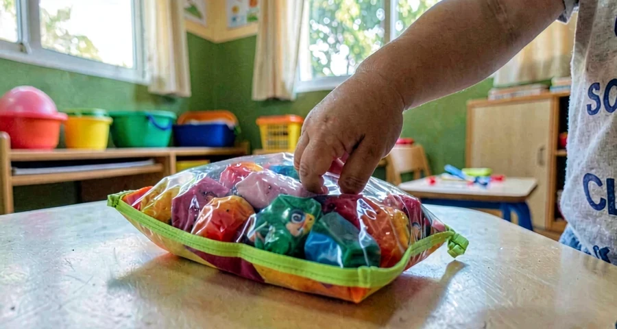 dedo de bebê pressionando saco sensorial colorido em atividade na creche