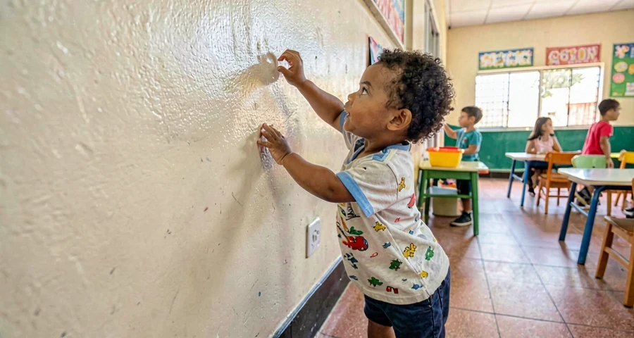 bebê tocando textura de parede durante exploração do corredor na creche